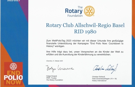 Auszeichnung des Rotary Clubs Allschwil - Regio Basel für den grosszügigen Einsatz durch den Rotary Distrikt 1980